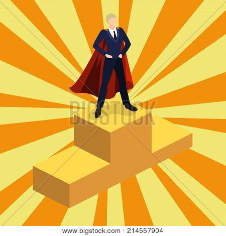 Isometric 3D Concept Vector Illustration The Businessman Took The First Place And Rises On The Podiu