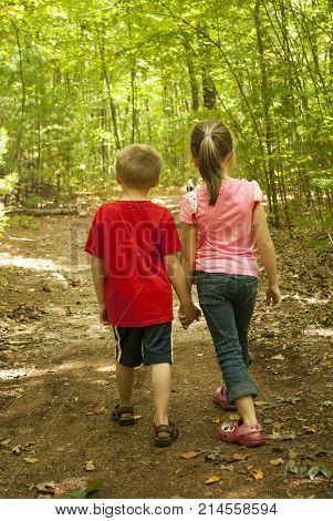 A young boy and girl walk hand in hand along a woodland path.