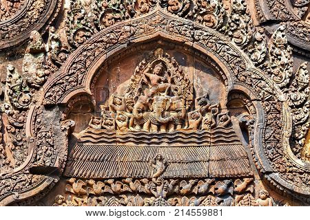 Carving At Bantey Srey Temple Showing An Elephant God Cambodia. Ancient Khme