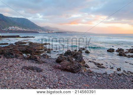 Village of Bajamar view from Punta del Hidalgo Tenerife Island at sunset
