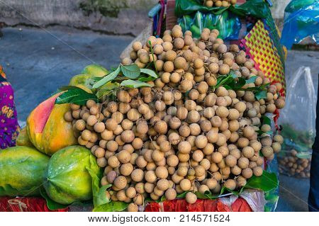 Pile Of Langsat Fruits On Street Market