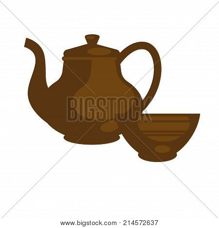 Ceramic or clay brown teapot with bowl cup in Chinese style. Brewed green or black tea pot drink icon for teahouse cafe or cafeteria design element. Vector flat template