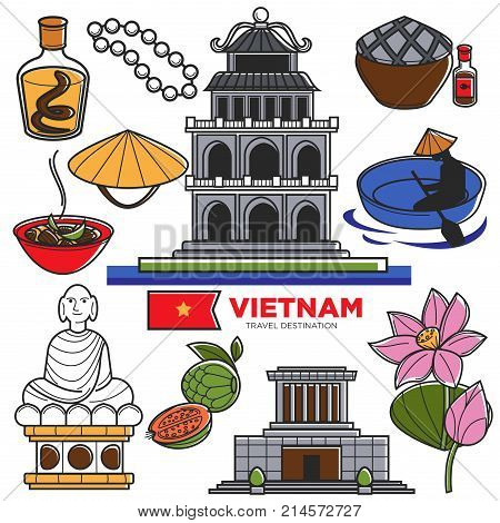 Vietnam travel landmark symbols or tourist culture attractions or sightseeings. Vietnamese flag and Hanoi Asian architecture building, national food and drink. Vector isolated icons