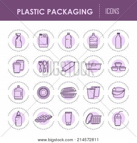 Plastic packaging containers line icons. Vector isolated set of plastic cosmetic product bottles and sprayers or disposable disware packs and food shell or drink cups