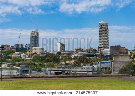 Woolloomooloo suburb cityscape panoramic view. Urban background