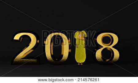 2018 new year golden background and dog. 3D rendering.