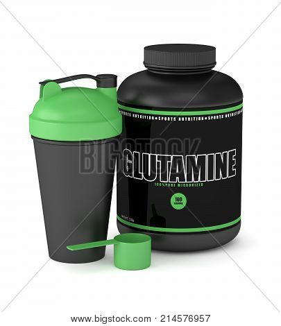 3D Render Of Glutamine Powder With Shaker And Spoon