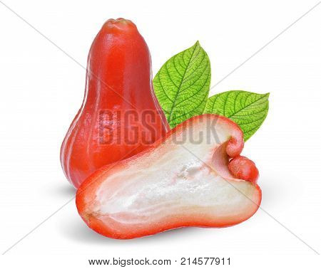 whole and half rose apple or chomphu with green leaves isolated on white background