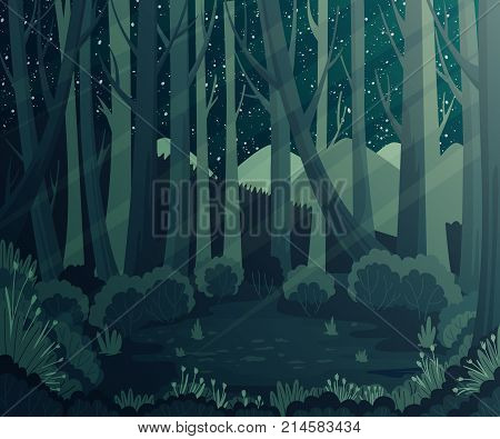 Night forest landscape with mountains, plants and stars in the sky. Scenery background. Vector illustration.