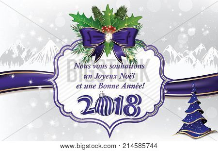 Happy New Year 2018 - Season's greeting card with French message. Text translation: We wish you a Merry Christmas and a Happy New Year.