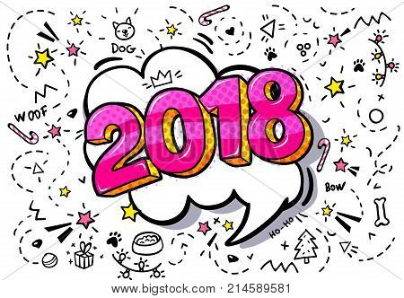 Symbol of the year 2018. Pink numbers 2018 in word bubble. Message in pop art comic style.