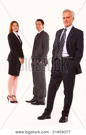 two businessman and one businesswoman in white background
