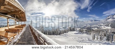 View from hut on mountain in skiresort Werfenweng to winter wonderland and Tennen mountains in Salzburg Austria
