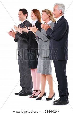 businessman and businesswoman applauding in white background