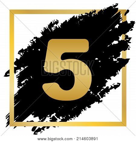 Number 5 sign design template element. Vector. Golden icon at black spot inside golden frame on white background.