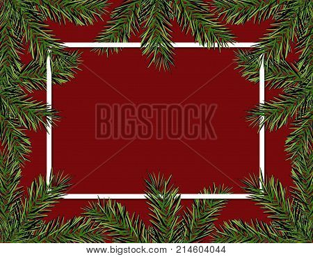 New Year Christmas. Green spruce branches in a circle on a red background. Frame for advertising and ads. Isolated Vector Illustration