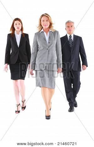 businessman and businesswoman walking in white background