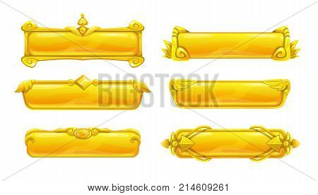 Perfect golden title banners in fantasy medieval style. Isolated long glossy buttons on white background. Vector decorative assets set for web or game design.