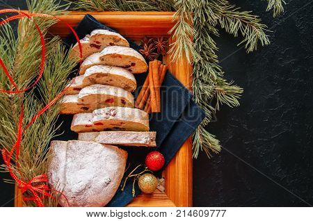 Slices Of Dresden Stollen With Dried Cranberies And Nuts. Festive European Dessert. Christmas Baking