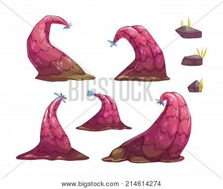 Cartoon fantasy alien monster plants and stones. Vector nature elements set. Isolated on white background.