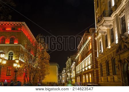 RIGA, LATVIA, NOVEMBER 17, 2017: Festival Staro Riga, Beaming Riga celebrating 99th anniversary of independence. Night VECRIGA