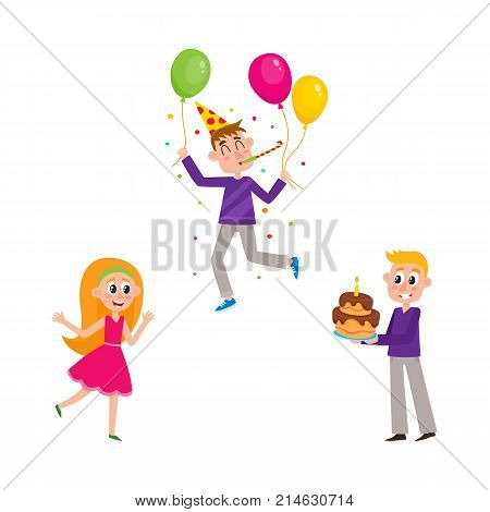 Birthday party - happy girl, boy with layered cake and guy holding balloons and blowing party horn, cartoon vector illustration isolated on white background. Set of people having fun at birthday party