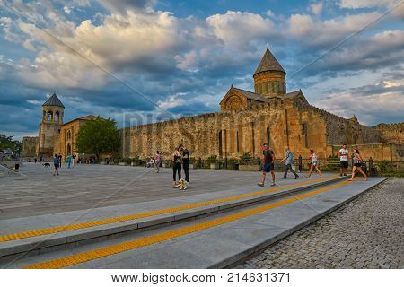 MTSKHETA, GEORGIA - 31 JULY 2017: Svetitskhoveli Cathedral in Mtskheta near Tbilisi
