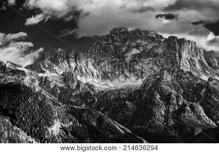 Larch forest in fall colours and The Tofane Group in the Dolomites, Italy, Europe