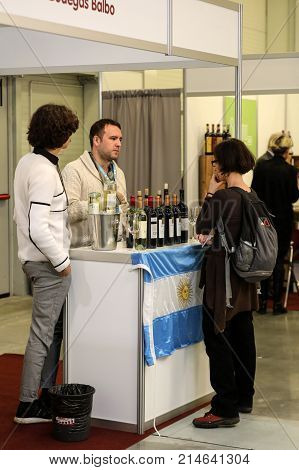 CRACOW POLAND - NOVEMBER 16 2017: International Wine Trade Fair ENOEXPO in Cracow. Producers of wine from all around the world meet the importers distributors and representatives. Cracow. Poland