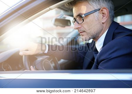 Portrait of businessman driving car for work