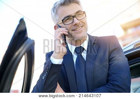 Businessman talking on phone standing outside the car