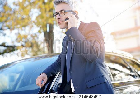 Businessman talking on phone standing outside the car