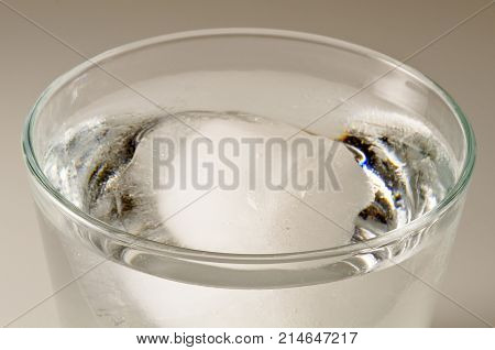Physics. Ice cube floating in a glass of water. 