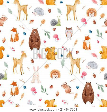 Beautiful vector seamless watercolor baby pattern with nice animals