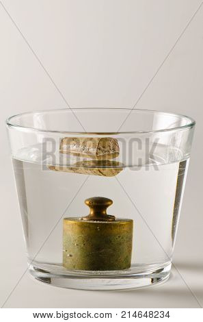 Physics. A cork floats in water and a antique weight sinks. 