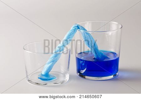 Physics. Capillary action. Dyed water is moving up through paper towel.