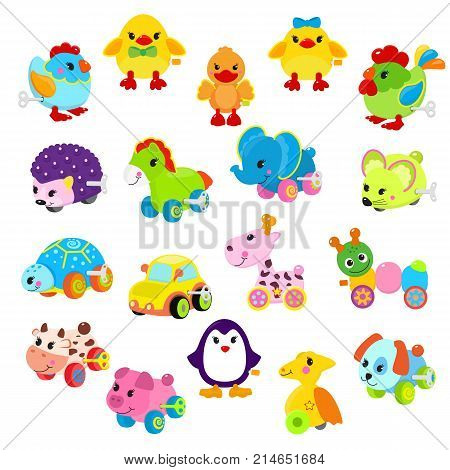 clockwork toy key vector mechanism mechanic playroom toyshop for kids animal clock work horse, duck, robot, car illustration isolated on white.