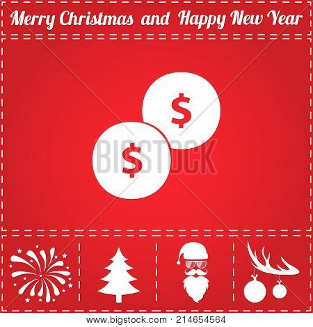 Coins Icon Vector. And bonus symbol for New Year - Santa Claus, Christmas Tree, Firework, Balls on deer antlers