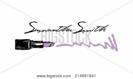 Makeup Artist Business Card. Vector Template With Makeup Items Pattern - Smears Purple Lipstick. Fas