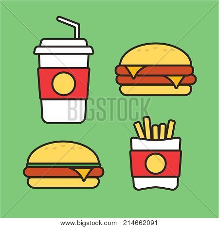 Fast Food Snacks And Drinks Flat Vector Icons. Fastfood Icons. S