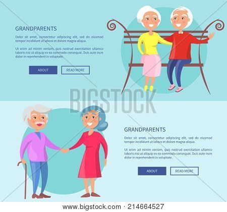Grandparents posters with mature couple sitting on bench together, old husband and wife hugging each other vector illustration isolated on blue