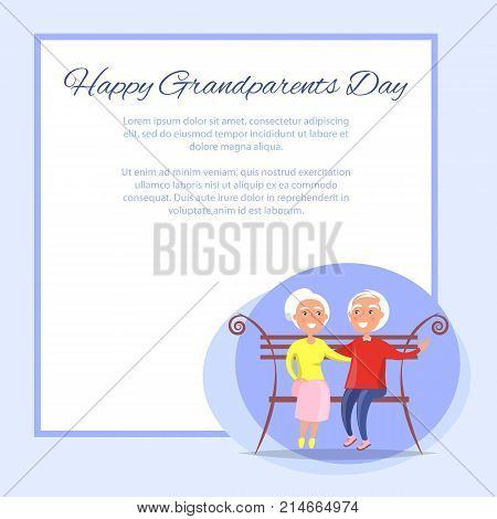 Happy grandparents day poster with senior couple sitting on bench together, old husband and wife together vector with place for text in frame