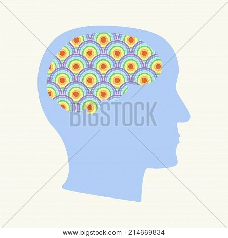 Brain thought concept. Stock vector illustration of human head silhouette with a rainbow colored circles.