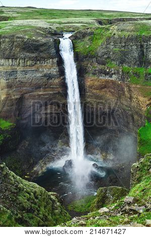 famous Haifoss waterfall in southern Iceland. treking in Iceland. Travel and landscape photography concept