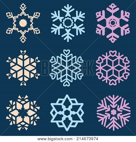 Set of multicolored snowflakes on a blue background. Vector illustration