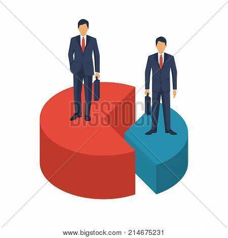 Market share business concept. Businessmen in suits with briefcase standing on pie chart. Economic financial share profit. Vector illustration flat design. Isolated on white background. Competing.