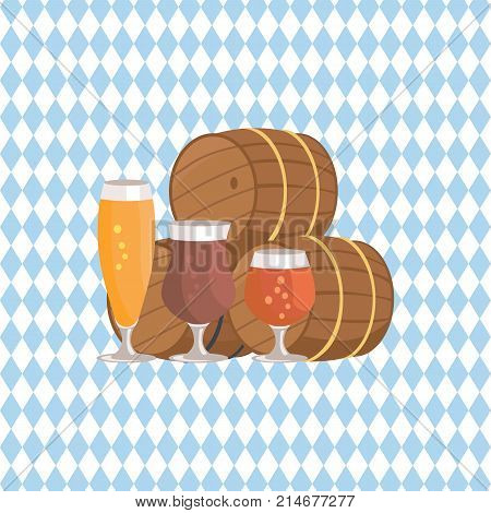 Vector illustration of three beer barrels and glasses of alcohol drinks different types for degustation at october festival on checkered background