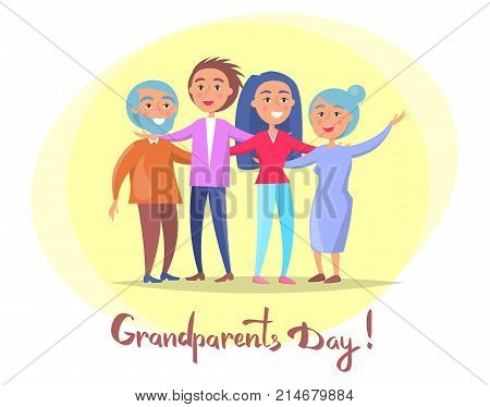 Grandparents day posters set with senior couple and their adult children having fun together vector illustration postcard in circle on white