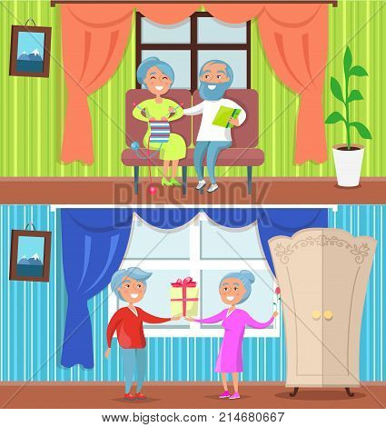 Happy older people at home set of vector illustrations. Couples spending time together in their cosy houses. Husband and wife exchanging presents