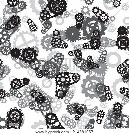 seamless pattern with black and white gears on a light gray background